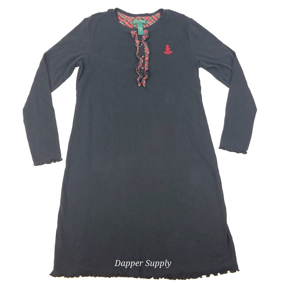 Lauren Ralph Lauren‎ Sleep Dress Womans Medium Embroidered Logo Black 3/4 Sleeve